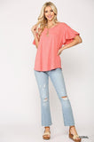 Blusa lisa con cuello redondo, mangas con volantes y dobladillo redondo