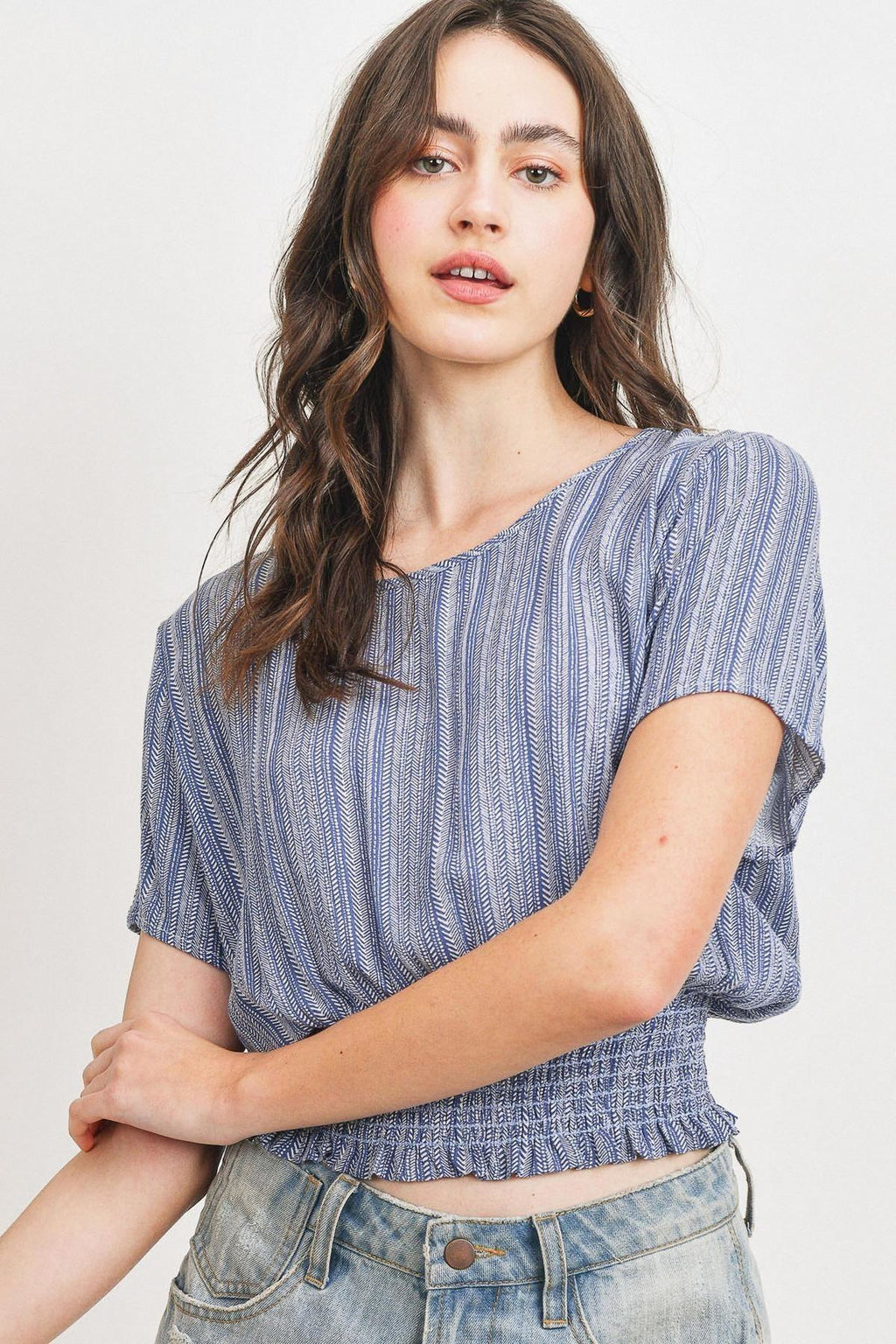 Woven Printed Crinkle Gauze Waist Smocking Short Sleeve Top-Product Type | Naughty Smile Fashion