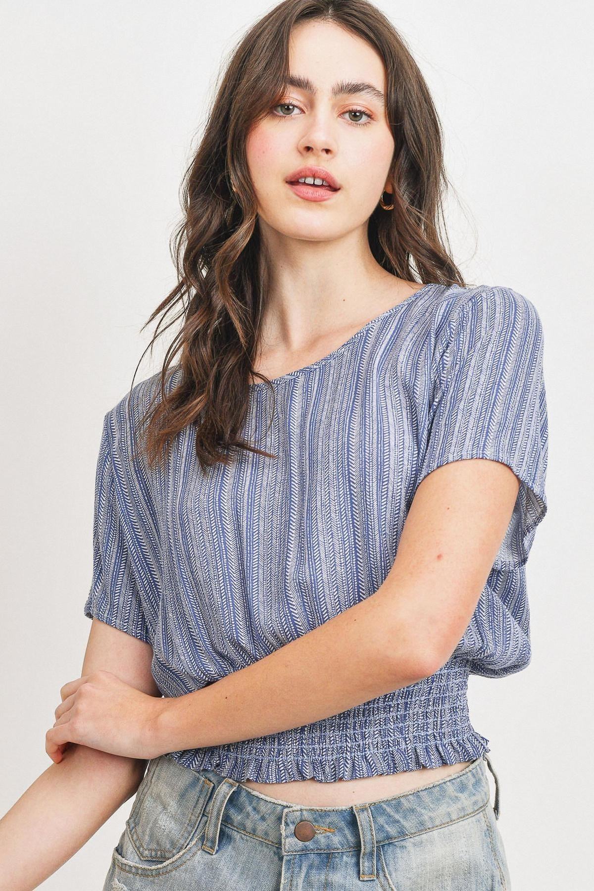 Sale - Woven Printed Crinkle Gauze Waist Smocking Short Sleeve Top – On Sale Now