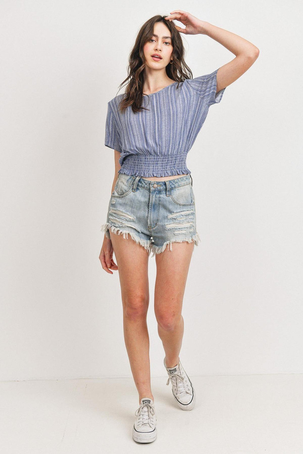 Woven Printed Crinkle Gauze Waist Smocking Short Sleeve Top-Product Type | Naughty Smile Fashion