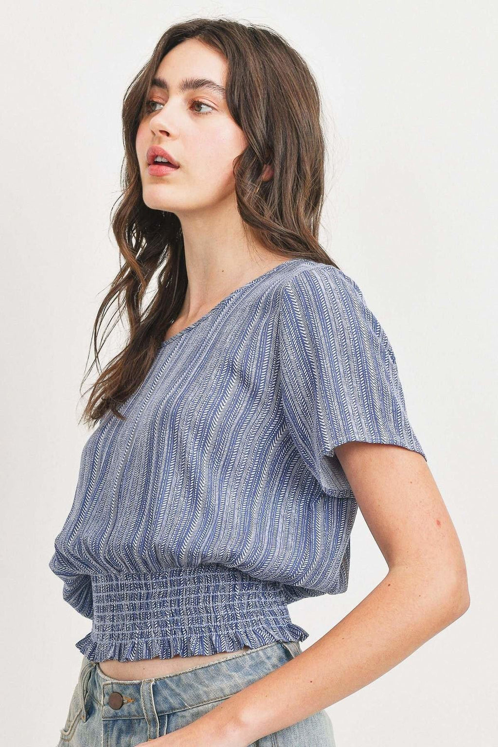 Woven Printed Crinkle Gauze Waist Smocking Short Sleeve Top-Product Type | Naughty Smile Fashion