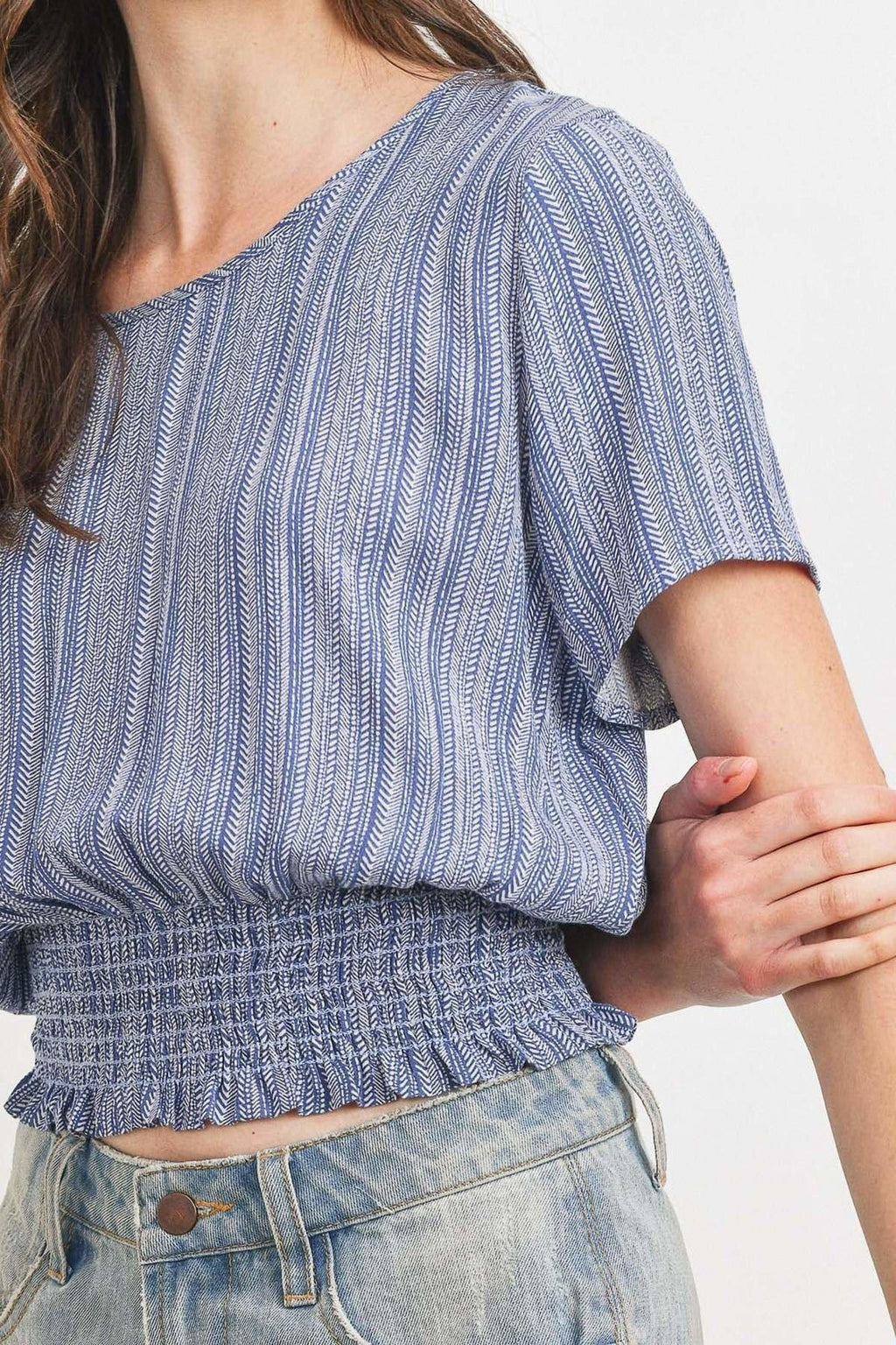 Woven Printed Crinkle Gauze Waist Smocking Short Sleeve Top-Product Type | Naughty Smile Fashion