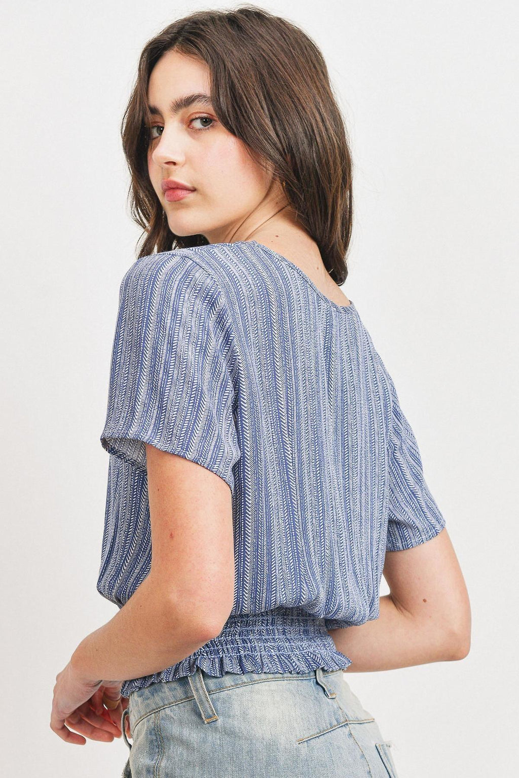 Woven Printed Crinkle Gauze Waist Smocking Short Sleeve Top-Product Type | Naughty Smile Fashion