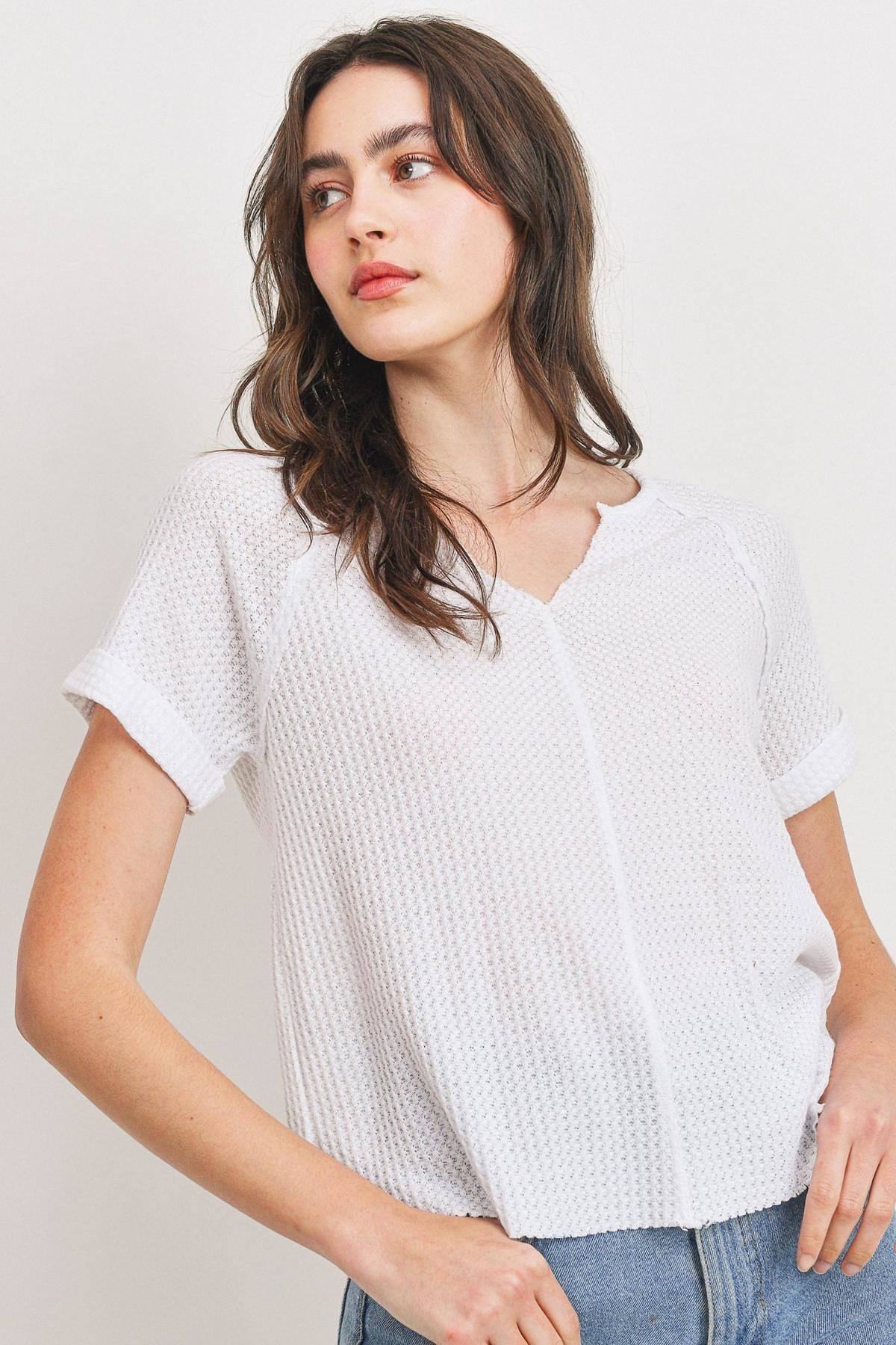 Sale - Waffle Raw Edge V-neck Rolled Up Short Sleeves Top – On Sale Now