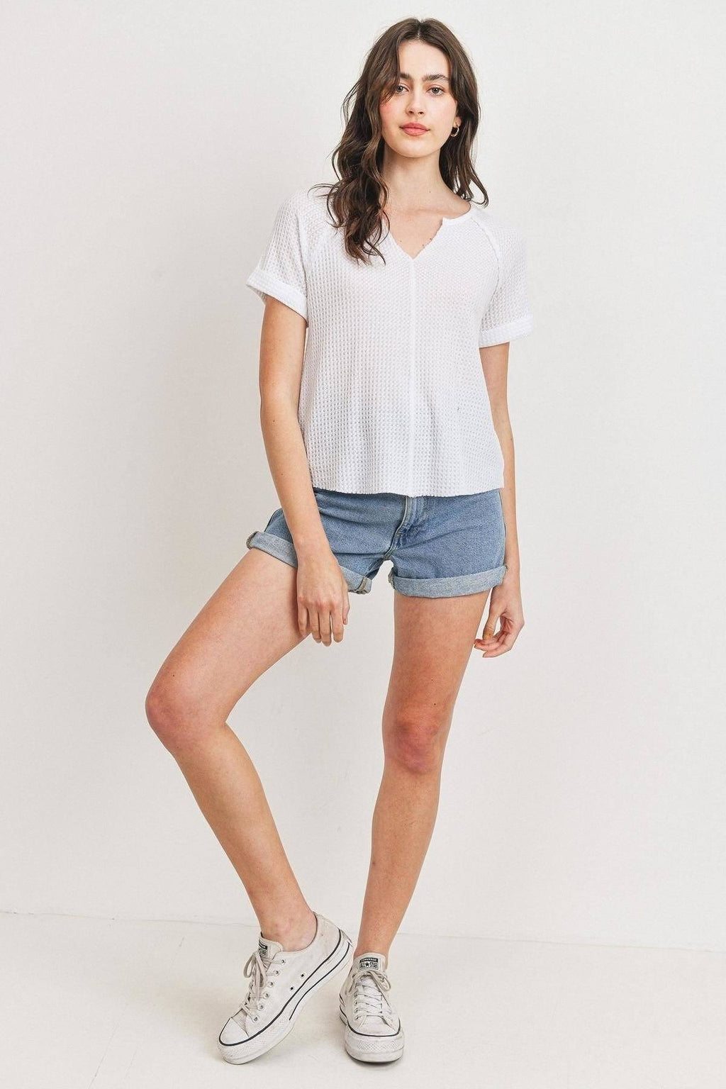 Waffle Raw Edge V-neck Rolled Up Short Sleeves Top-Product Type | Naughty Smile Fashion
