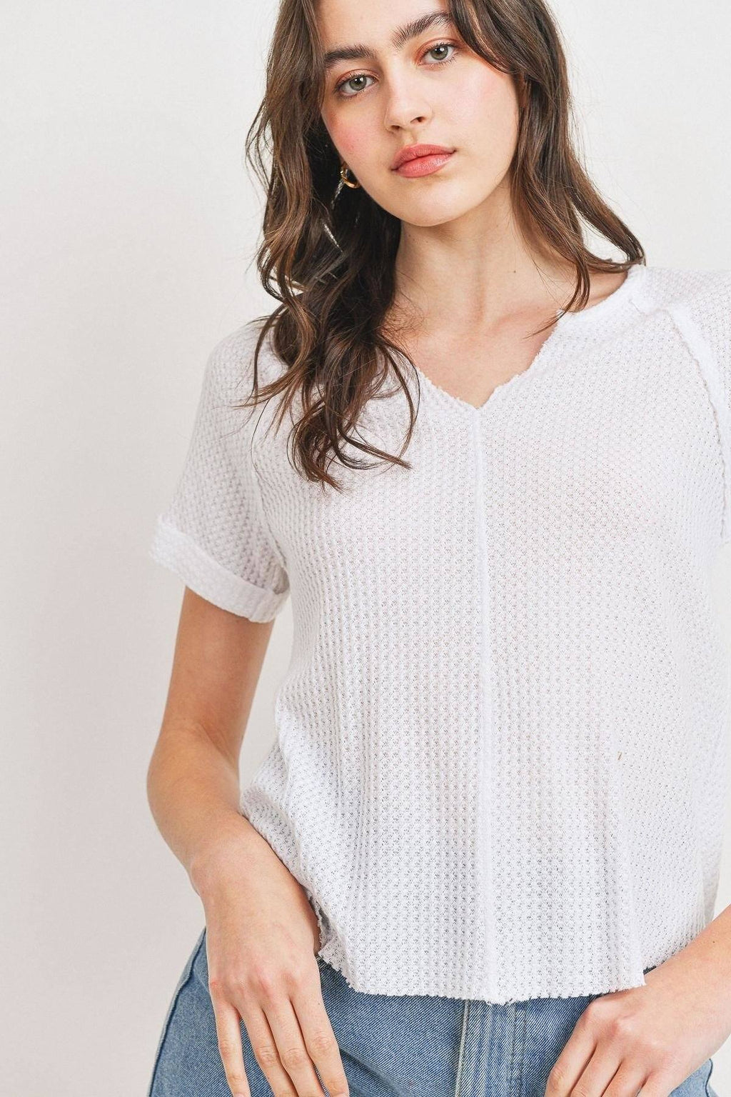 Waffle Raw Edge V-neck Rolled Up Short Sleeves Top-Product Type | Naughty Smile Fashion