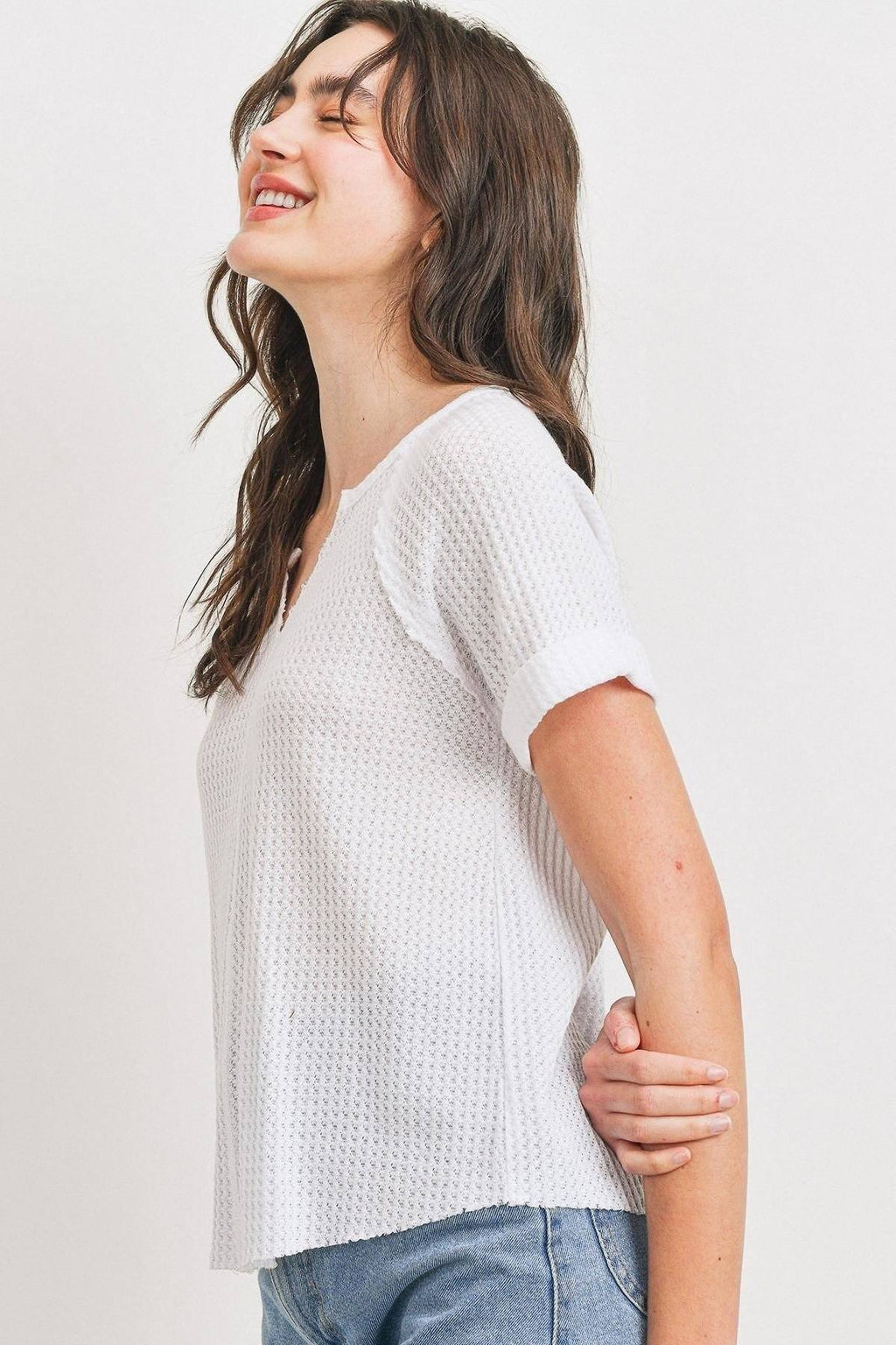 Waffle Raw Edge V-neck Rolled Up Short Sleeves Top-Product Type | Naughty Smile Fashion