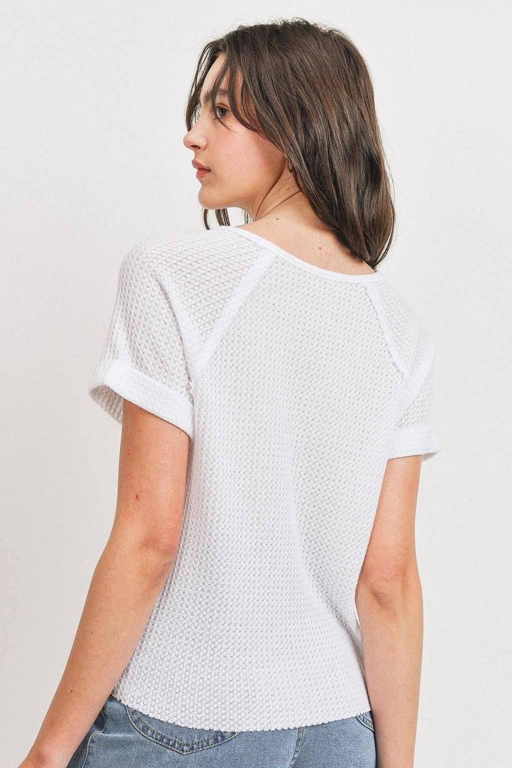 Waffle Raw Edge V-neck Rolled Up Short Sleeves Top-Product Type | Naughty Smile Fashion