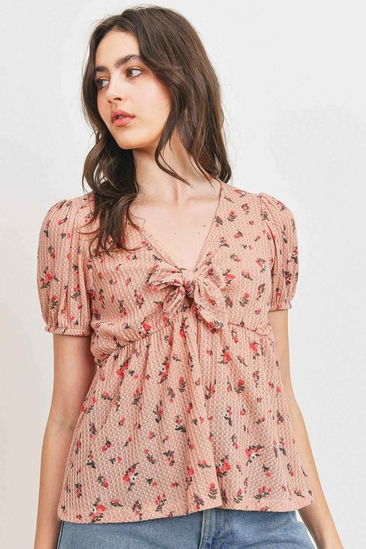 Sale - Front Tie Floral Waffle Top – On Sale Now