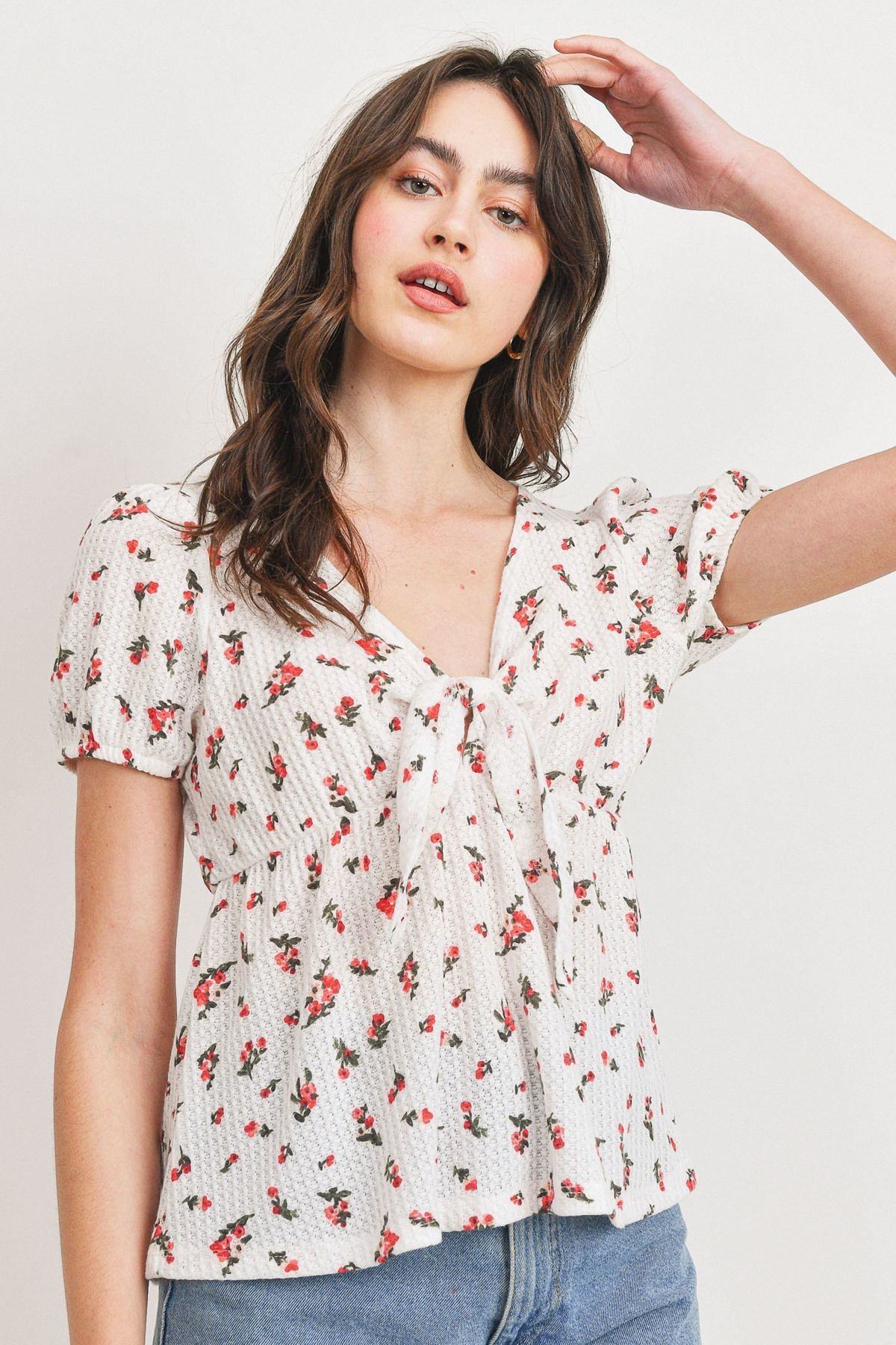 Front Tie Floral Waffle Top-Product Type | Naughty Smile Fashion