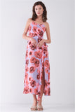 Floral Print Sleeveless Self-tie Wide Wrap Front Ruffle Hem Side Slit Detail