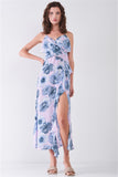 Floral Print Sleeveless Self-tie Wide Wrap Front Ruffle Hem Side Slit Detail