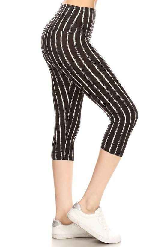 Yoga Style Banded Lined Stripe Printed Knit Capri Legging – multicolor, fashion, women style