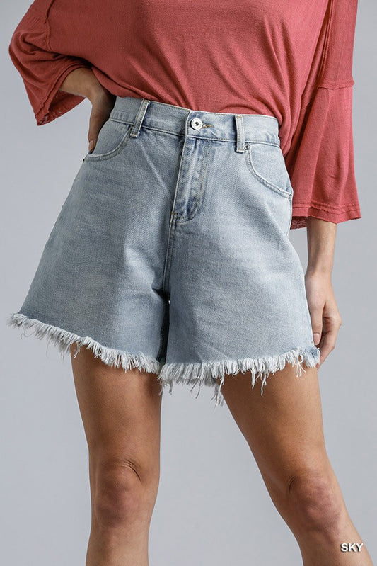 Sale - High Rise Denim Shorts With Raw Hem – On Sale Now