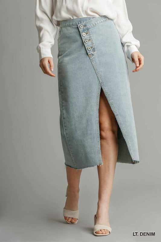Sale - Asymmetrical Waist And Button Up Front Split Denim Skirt With Back Pockets And Unfinished Hem – On Sale Now
