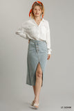 Asymmetrical Waist And Button Up Front Split Denim Skirt With Back Pockets And