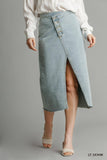 Asymmetrical Waist And Button Up Front Split Denim Skirt With Back Pockets And