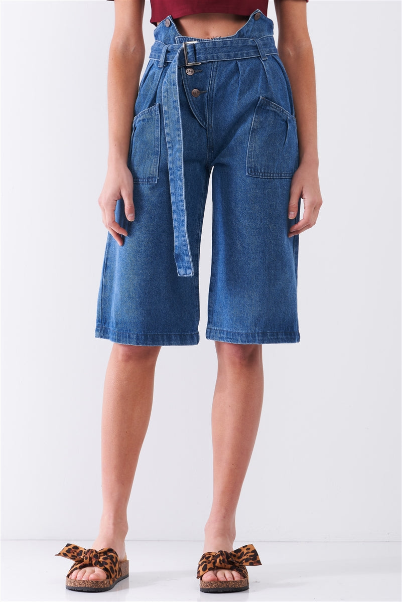 Mid Blue Denim Front Cut-out High-waist Buckle Self-tie Belt Detail Midi Flare Jean Pants-Product Type | Naughty Smile Fashion