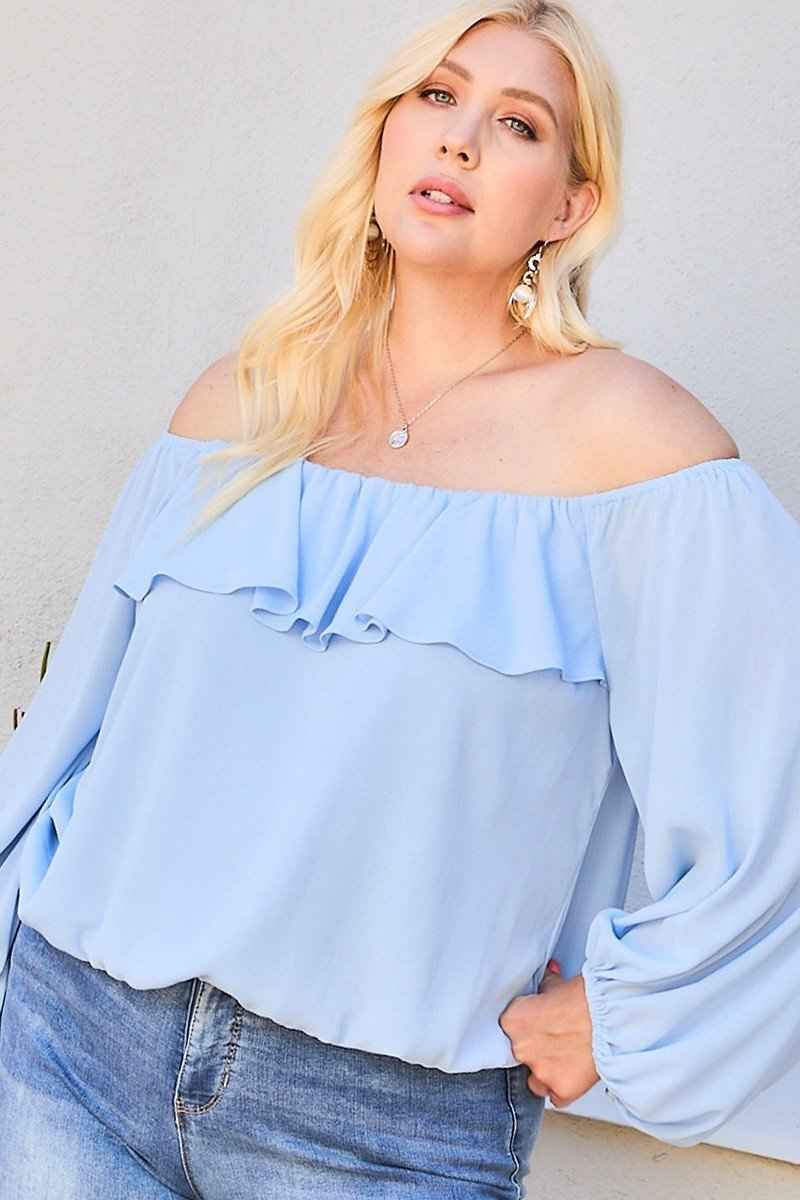 Plus Size Off Shoulder Ruffle Bubble Sleeve Top – Stylish & Comfortable – men’s fashion, stylish and versatile