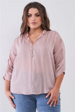 Plus Striped Frill Neck Gathered Sleeve Detail Button-down Relaxed Boho Top