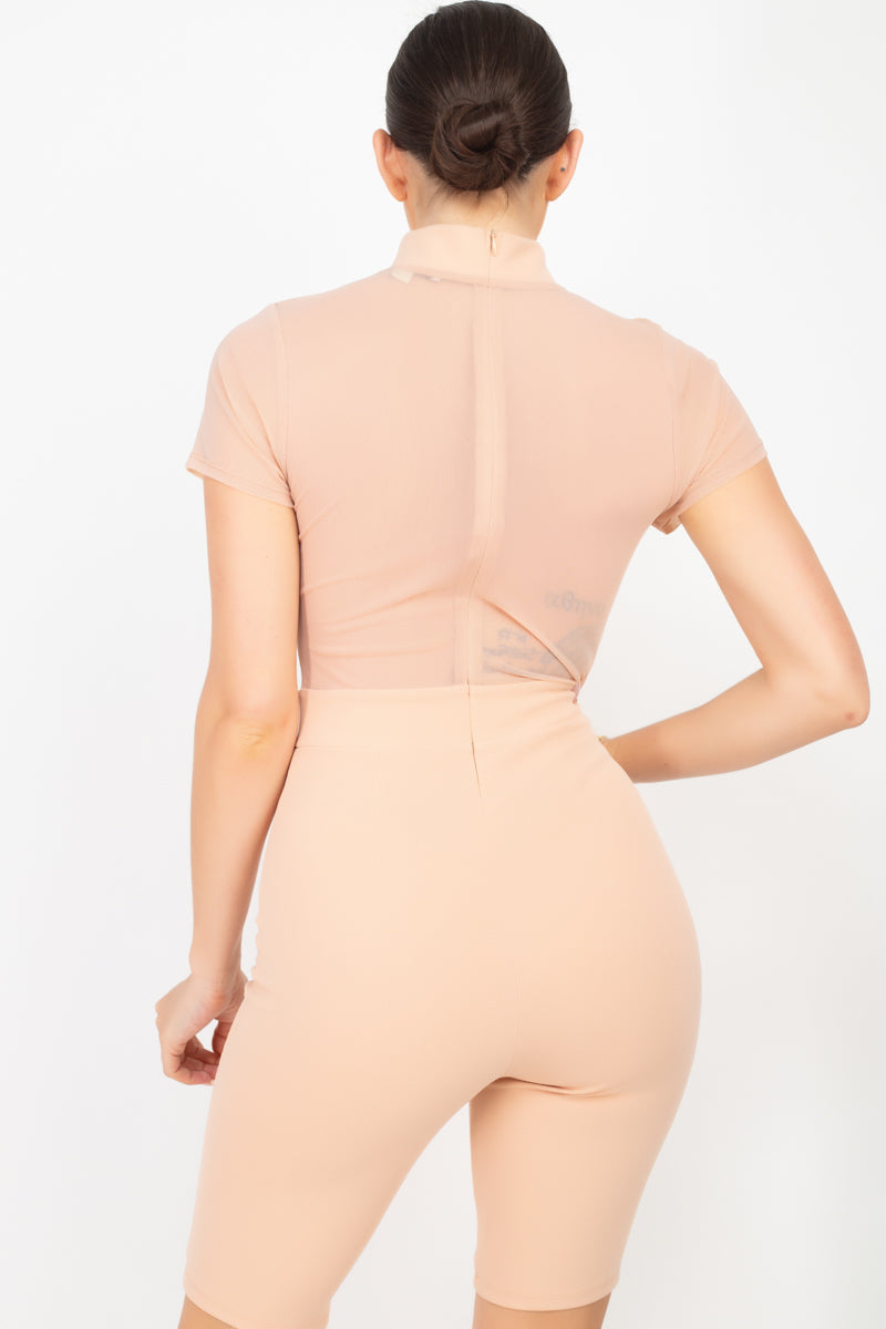Stripe Mesh Mock Neck Biker Romper-Product Type | Naughty Smile Fashion