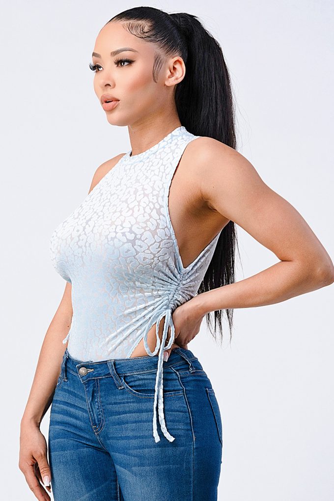Velvet Leopard Side Shirring Extreme Cut Bodysuit-Product Type | Naughty Smile Fashion