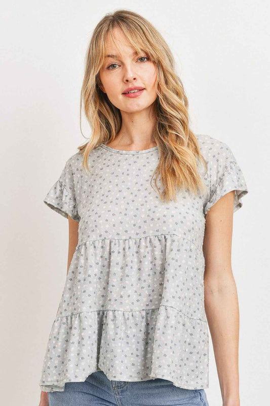 Sale - Dot Textured Print Jersey Ruffled Short Sleeve Top – On Sale Now