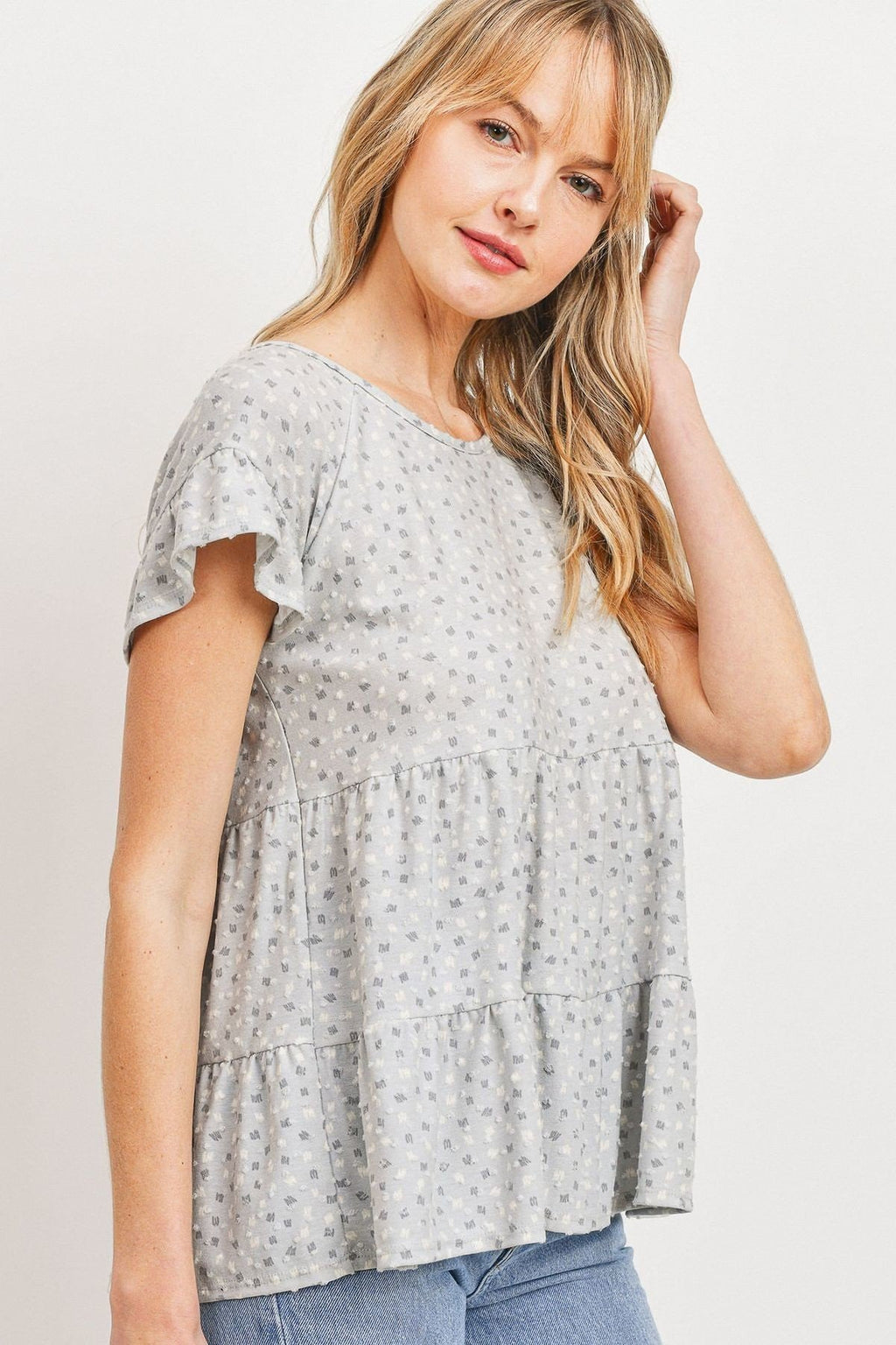 Dot Textured Print Jersey Ruffled Short Sleeve Top-Product Type | Naughty Smile Fashion