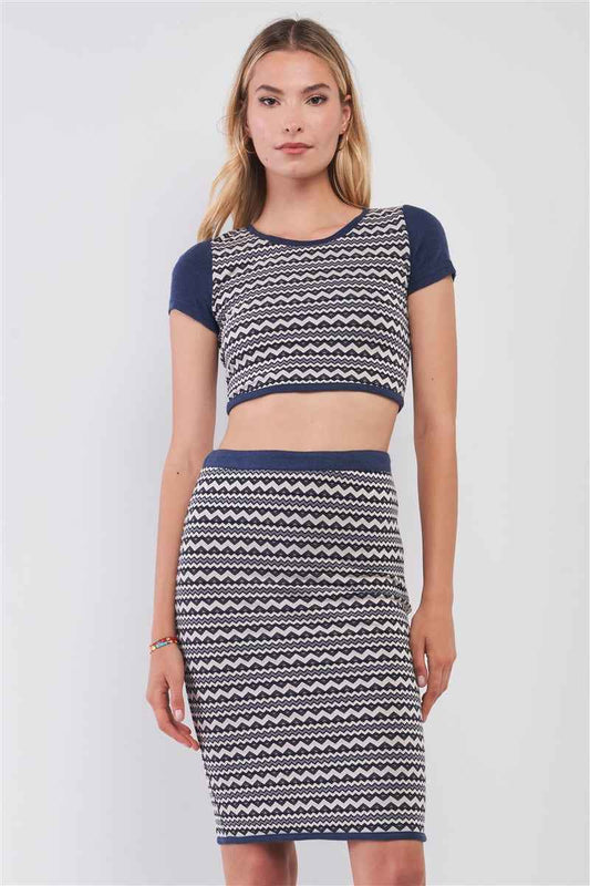 Sale - Navy & White Geometrical Pattern Short Sleeve Crop Top & High-waisted Pencil Skirt Two Piece Set – On Sale Now