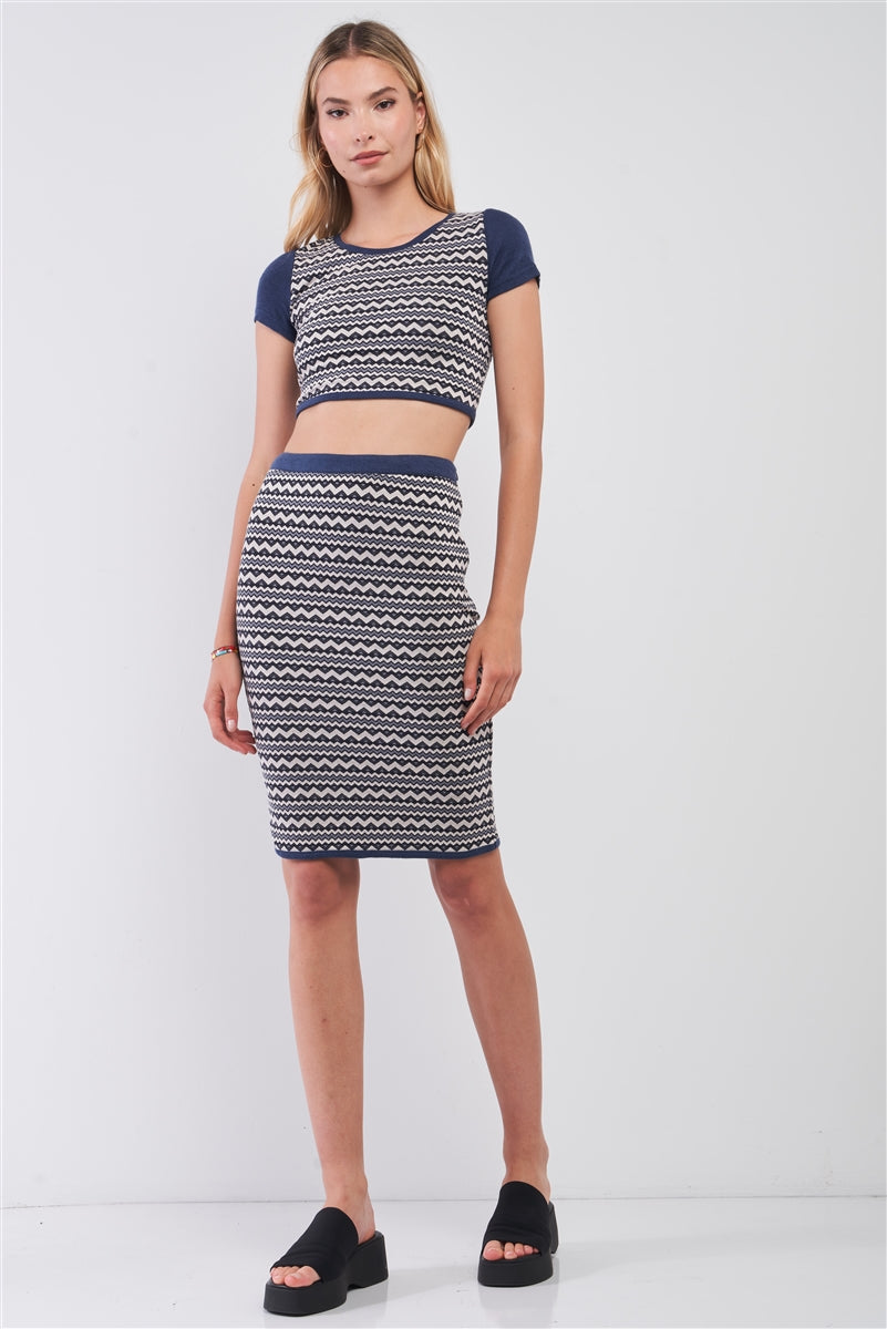 Navy & White Geometrical Pattern Short Sleeve Crop Top & High-waisted Pencil Skirt Two Piece Set-Product Type | Naughty Smile Fashion