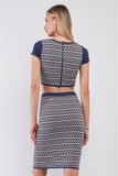 Navy & White Geometrical Pattern Short Sleeve Crop Top & High-waisted Pencil