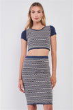 Navy & White Geometrical Pattern Short Sleeve Crop Top & High-waisted Pencil