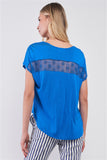 Royal Blue Boat Neck Short Sleeve See-trough Cross Cut-in Detail With Floral