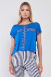 Royal Blue Boat Neck Short Sleeve See-trough Cross Cut-in Detail With Floral