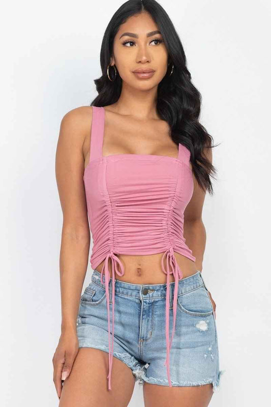 Sale - Adjustable Front Ruched With String Square Neck Crop Tops – On Sale Now