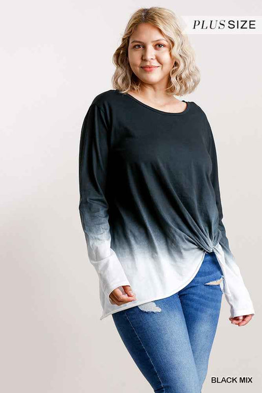 Plus Size Ombre Print Long Sleeve Top With Gathered Front Detail And Raw Hem – Stylish & Comfortable – men’s fashion, stylish and versatile