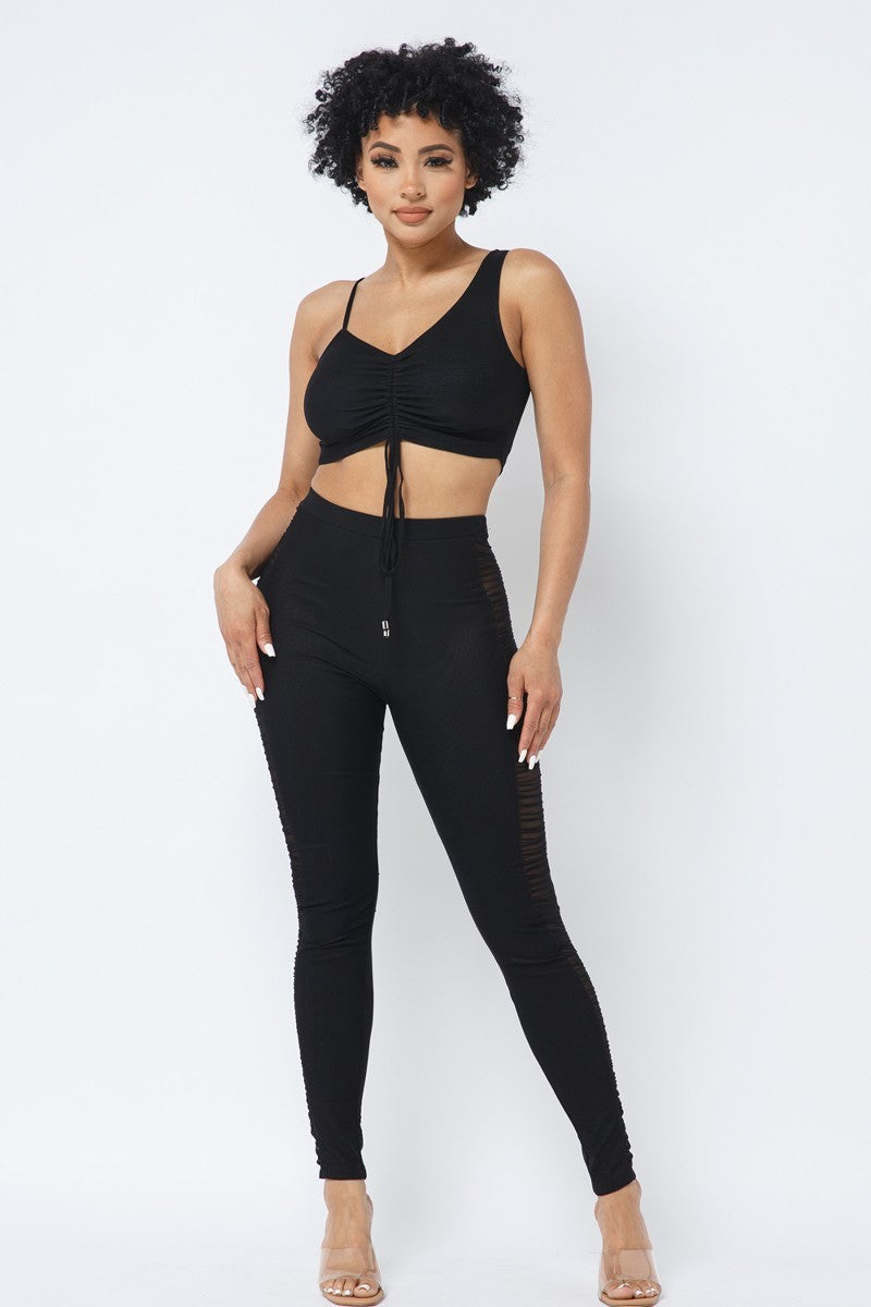 Mesh Strappy Adjustable Ruched Crop Top With Matching See Through Side Panel Leggings-Product Type | Naughty Smile Fashion