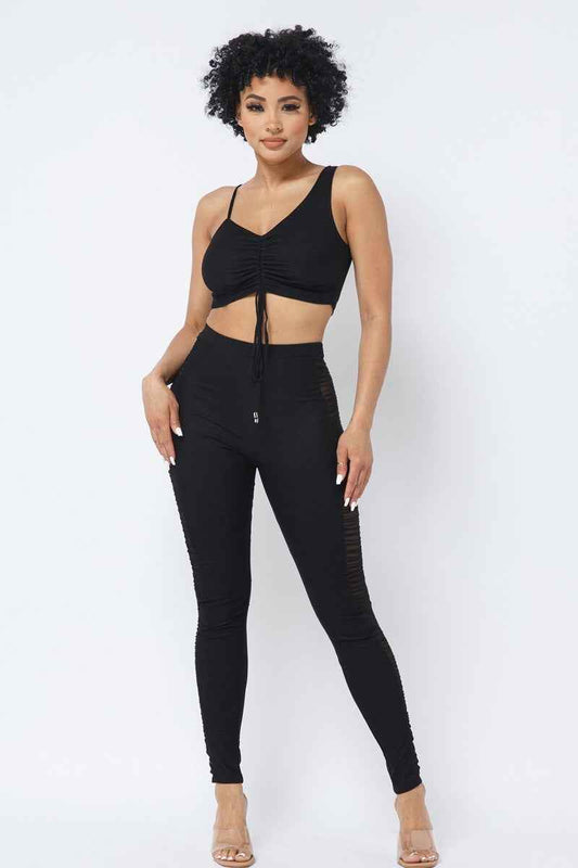 Sale - Mesh Strappy Adjustable Ruched Crop Top With Matching See Through Side Panel Leggings – On Sale Now