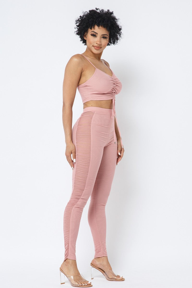 Mesh Strappy Adjustable Ruched Crop Top With Matching See Through Side Panel Leggings-Product Type | Naughty Smile Fashion