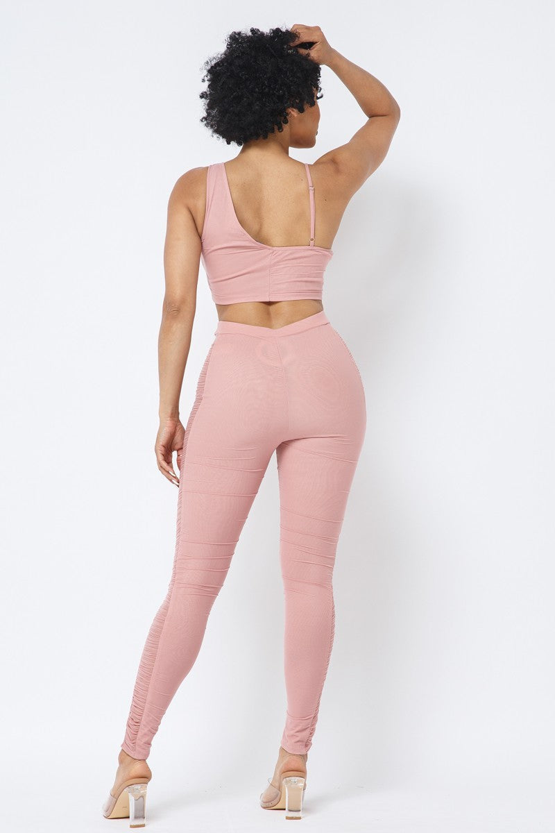 Mesh Strappy Adjustable Ruched Crop Top With Matching See Through Side Panel Leggings-Product Type | Naughty Smile Fashion