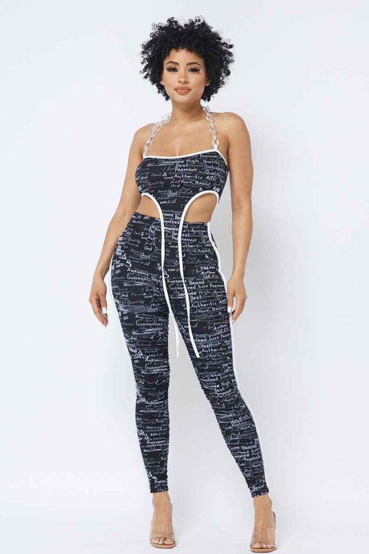 Sale - Mesh Print Crop Top With Plastic Chain Halter Neck With Matching Leggings – On Sale Now