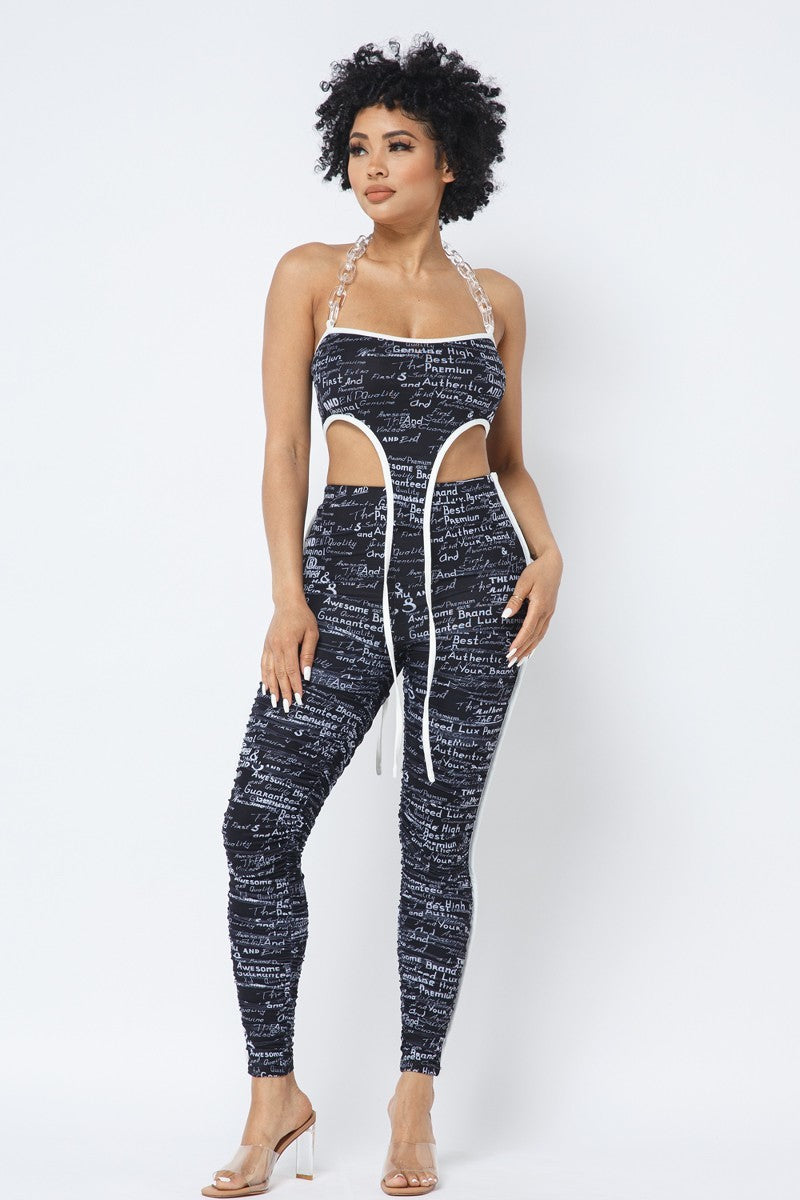 Mesh Print Crop Top With Plastic Chain Halter Neck With Matching Leggings-Product Type | Naughty Smile Fashion
