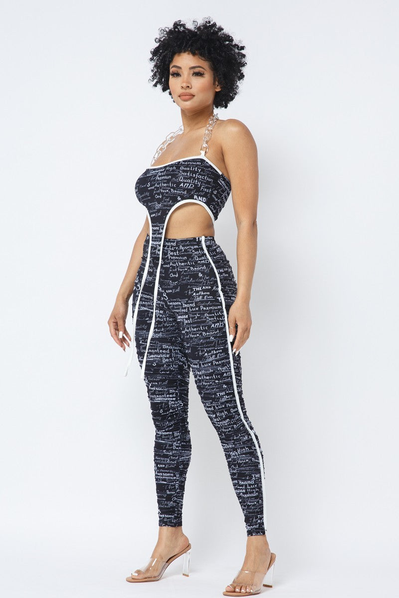 Mesh Print Crop Top With Plastic Chain Halter Neck With Matching Leggings-Product Type | Naughty Smile Fashion