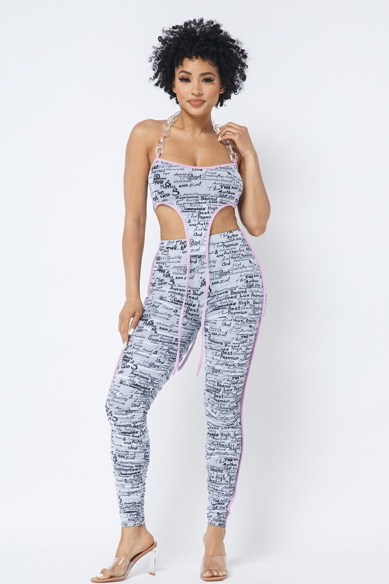 Mesh Print Crop Top With Plastic Chain Halter Neck With Matching Leggings-Product Type | Naughty Smile Fashion