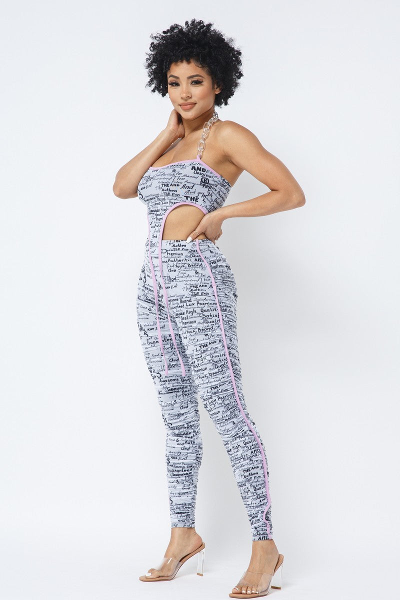 Mesh Print Crop Top With Plastic Chain Halter Neck With Matching Leggings-Product Type | Naughty Smile Fashion