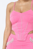 Rhinestone Detailed Strappy Cropped Top With Matching Rhinestone Pocket Detail