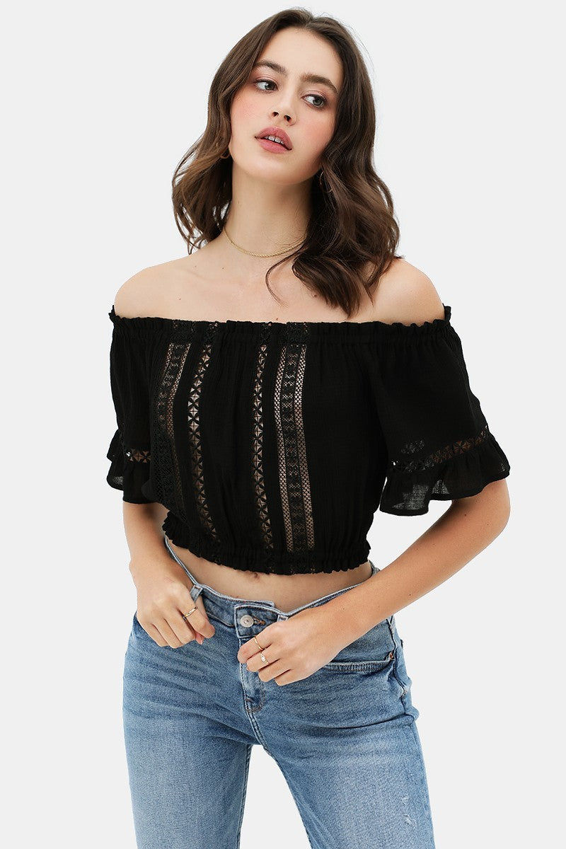 Lace Trim On The Front And Sleeves, Waist Band Cropped Top-Product Type | Naughty Smile Fashion
