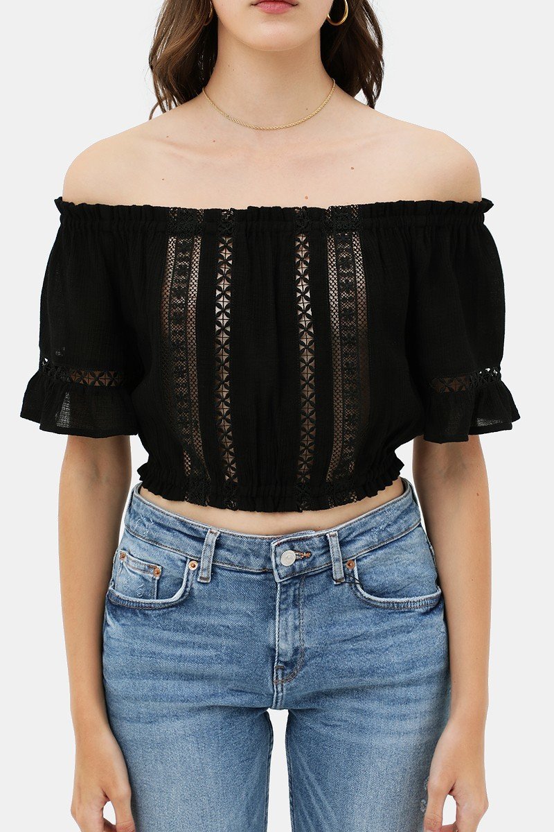 Lace Trim On The Front And Sleeves, Waist Band Cropped Top-Product Type | Naughty Smile Fashion