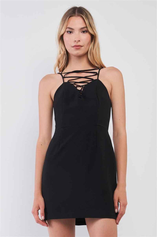 Sale - Black Slim Fit Sleeveless V-neck Front Corset Inspired Tie-up Detail Cocktail Mini Dress – On Sale Now