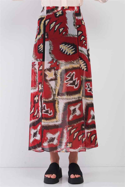 Sale - Red & Multi Vintage Graphic Print High-waisted Two Front Slits Maxi Skirt – On Sale Now